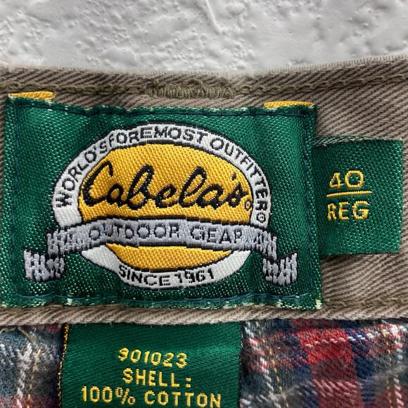 Cabela's Khaki Tan Red Plaid Flannel Lined Pocket Zip Hunting Outdoor Pants READ - Picture 2 of 14